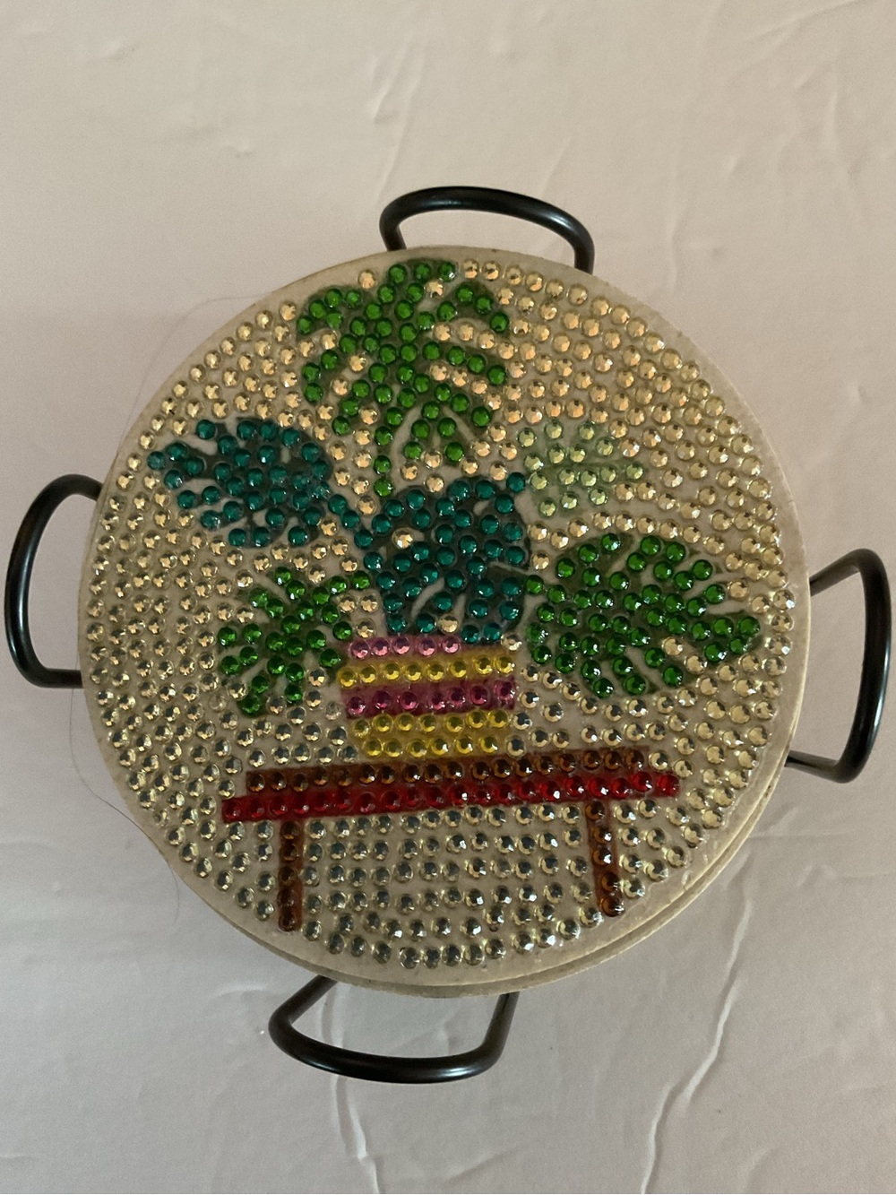 Handmade Beaded Plant Coasters - Set of 8 w/ holder. Multicolor.